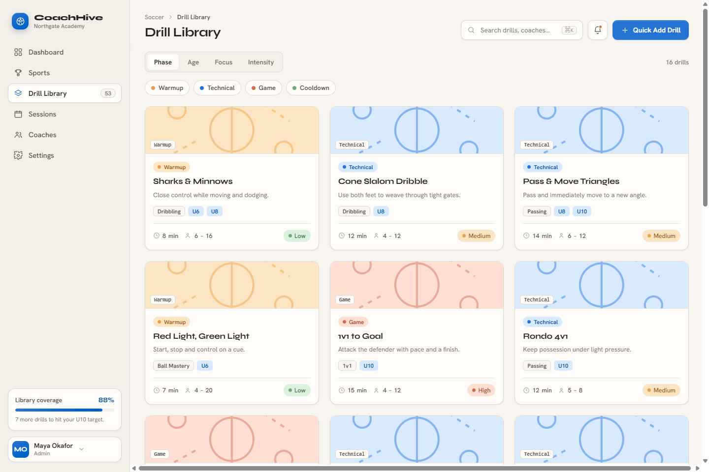 CoachHive drill library grid with phase filters